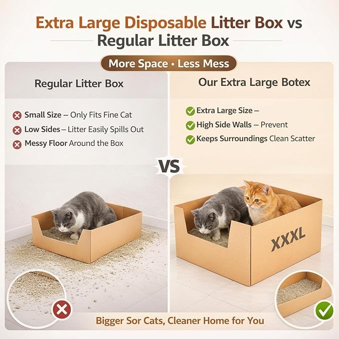 Lounsweer 4 Pack XXL Extra Large Disposable Cat Litter Box, 19 x 15 x 11.75 in Deep High-Sided, Self-Adhesive Leakproof Recyclable Cardboard Litter Box for Large Cats Moving Travel Short-Term Use