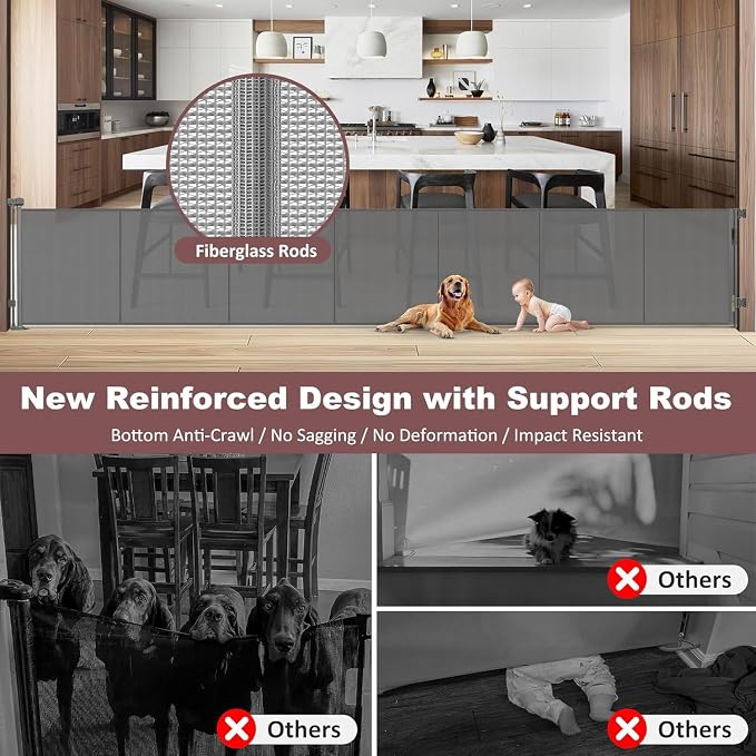 Reinforced 41 Inch Extra Tall Retractable Dog Gate 200" Extra Wide Retractable Baby Gate with Support Rods, Indoor Baby Fence for Living Room Outdoor Mesh Dog Gate Retractable Gates for Dogs, Gray