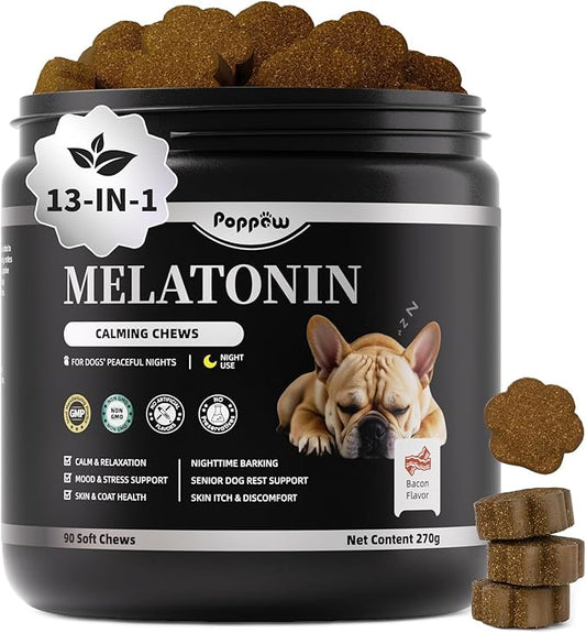 Dog Melatonin Calming Chews for Nighttime Sleep, Natural Relaxation & Stress Support for Dogs & Puppies Calming Treats, Barking, Separation, Anxiety, Fireworks, Upgraded Bacon Flavor, 90Ct