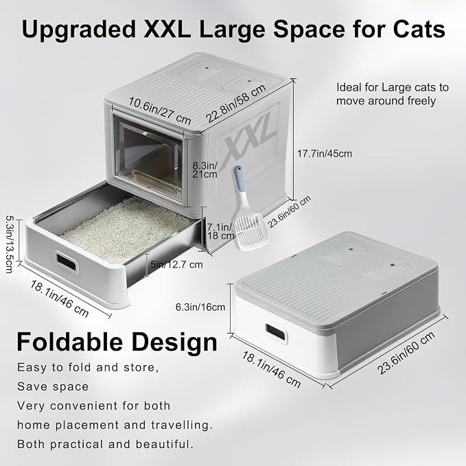 Marchul Enclosed Stainless Steel Cat Litter Box XL with Lid & Deeper Drawer Design for Indoor Cats, Metal Covered Litter Box, Baffles for Anti-Leakage, with Litter Scoop & Litter Mat