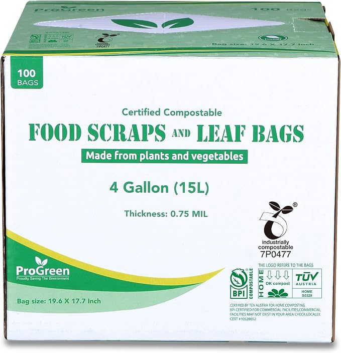 Compostable Trash Bags, Extra Thick, Compost Kitchen Bin Bags, Food Scraps Yard Waste Bags, ASTM D6400 BPI and TÜV AUSTRIA Certified (4 Gallon, Pack of 100)
