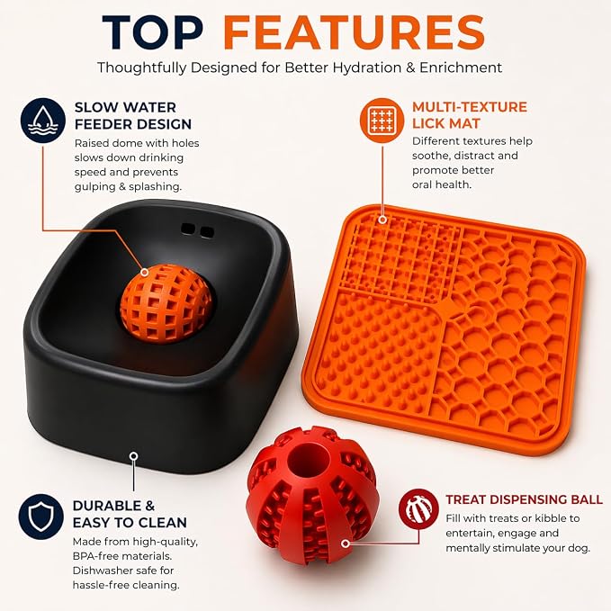 3-in-1 Slow Feeder Dog Bowl Set with Lick Mat, Treat Dispensing Ball, Puzzle Toy Feeder, Non Slip Pet Food Dish, Lick and Roll Feeding Solution, Anxiety Relief, Small Breed Feeding Kit
