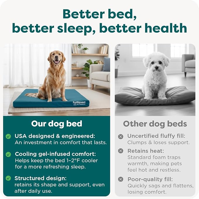 FurHaven Water-Resistant Orthopedic Dog Bed for Medium Dogs, Oxford Polycanvas Mattress with Orthopedic Solid Slab Foam for Joint Support, Removable Washable Cover, Medium, Deep Lagoon