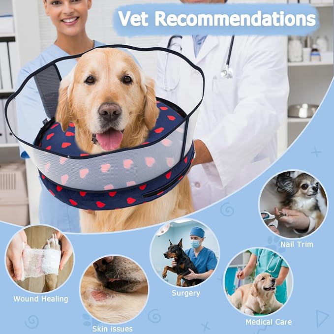 Inflatable Dog Cone Collar with Enhanced Anti-Licking Shield – Soft Adjustable Recovery Collar for Dogs & Cats After Surgery – Fits Large, Medium, Small Pets (Blue Love, Small)