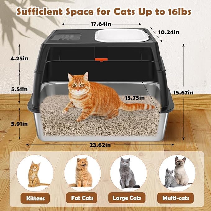 Vivifying Stainless Steel Litter Box with Lid, XL Front Entry Enclosed Extra Large Litter Box for Big Cats & Kitty, Top Exit Metal Cat Pan with Scoop, Mat, Footboard, Charcoal Filter (Black)