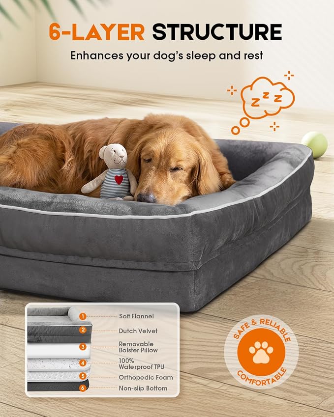Upvilla Large Orthopedic Dog Bed, Four-Sided Cushioned Egg-Shaped Foam Dog Sofa, Waterproof Removable Cover, Pet Sofa Bed with Non-Slip Base, Larg Dog Bed,Gray