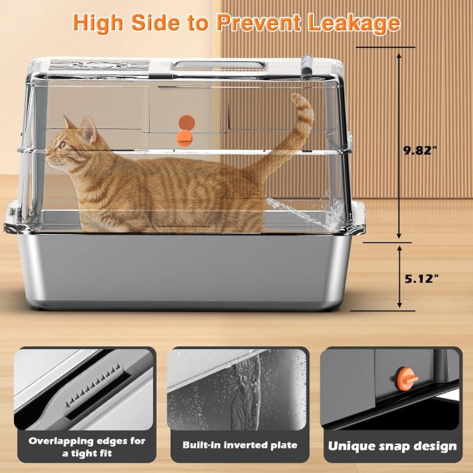 Stainless Steel Litter Box with Lid, Extra Large Litter Box Enclosed Top Entry Metal Litterbox for Big Cats Easy Cleaning Anti-Leakage & High Sided Black