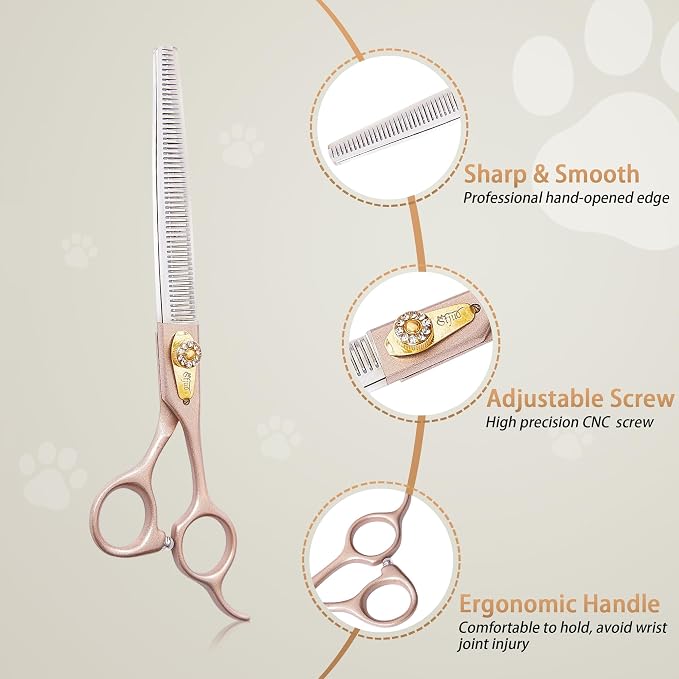 Professional Dog Grooming Scissors Rose Gold 440C Stainless Steel Straight Thinning Curved Chunker Shears for Pet Grooming Services Dogs and Cats (Thinning, 7‘’)