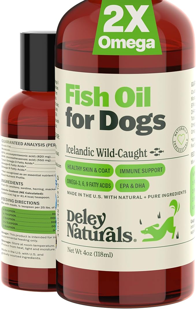 Deley Naturals Fish Oil for Dogs - Itch Relief for Dogs with Omega 3 6 9 for Skin, Joints, Heart and Brain Health - Icelandic Omega 3 Fish Oil for Dogs Skin Irritation - 4oz Omega Oil Made in USA