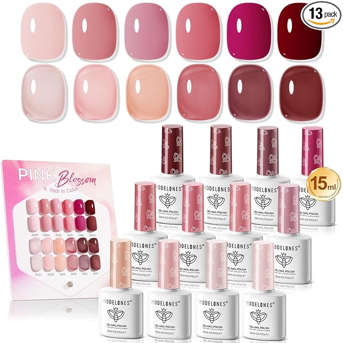 modelones 12Pcs 15ML Gel Nail Polish Set , Same Color Same Bottle Jelly Nude Pink Red Beige Skin Tones Neutral Brown Hema-free Gel Polish Kit 2026 Spring Soak Off Gel Polish Set Manicure Nail Art DIY