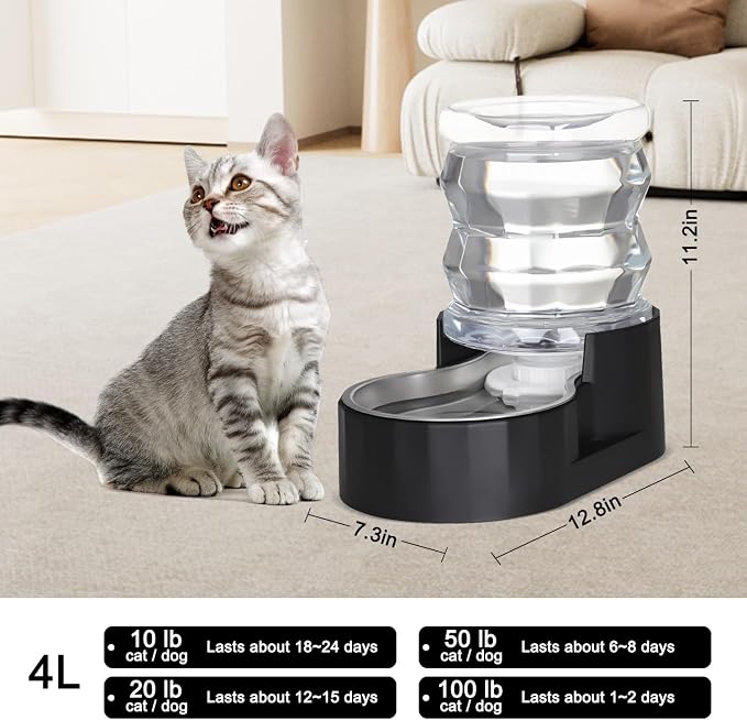 RIZZARI Black 4L Gravity Pet Water Dispenser with Stainless Steel Bowl - Activated Carbon & Ion Exchange Filter to Soften Water & Reduce Odor, Supports Urinary Health, for Garden or Study Room