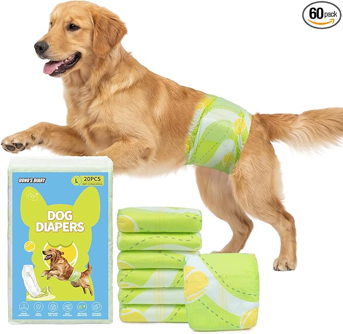 Dono Dog Diapers Male, Disposable Male Dog Wraps 60ct, Super Absorbent Doggie Diapers with Wetness Indicator, Leak-Proof Belly Band, Puppy Pampers for Excitable Urination, Incontinence, Large