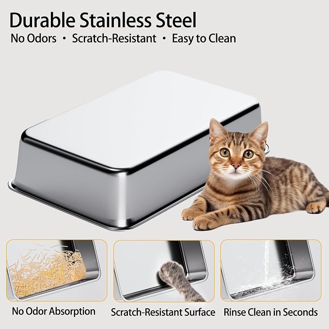 XL Stainless Steel Cat Litter Box with Lid for Large Cats | High sides, stainless pan, flip-top lid, step, mat, scoop, filter; for large cats, high-peeing cats, and multi-cat homes