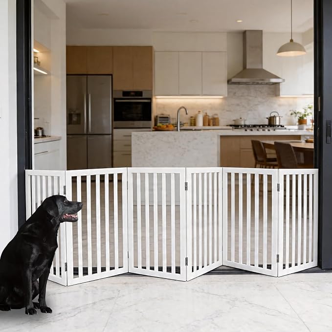 Dog Gate Indoor, Freestanding Dog Fence for The House, Doorways, Hallways,or Stairs,Pet Gate Foldable Wooden,Expandable 32" Height 6 Panels,White