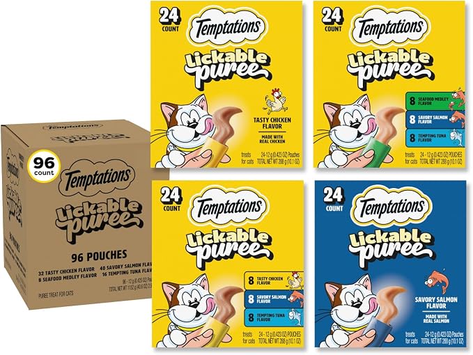 Temptations Creamy Puree Squeezable Lickable Wet Cat Treat Variety Pack, 0.42 oz. Tubes, 96 Count