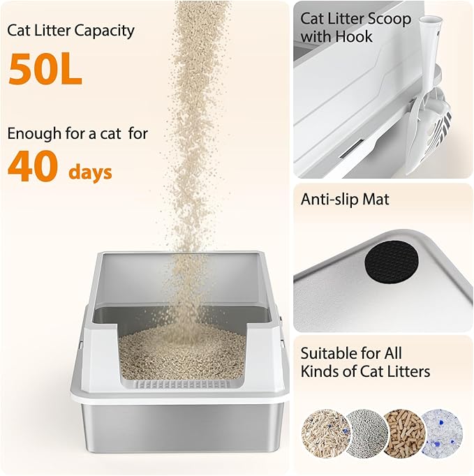 FURTIME Stainless Steel Cat Litter Box, Easy-Clean High-Sided Metal Litter Box, Open-Top Litter Pan for Large Cats, Great for Multi-Cat Homes,Includes Scoop&Mat, Non-Stick, Anti-Leakage, 28"×20"×12.2"