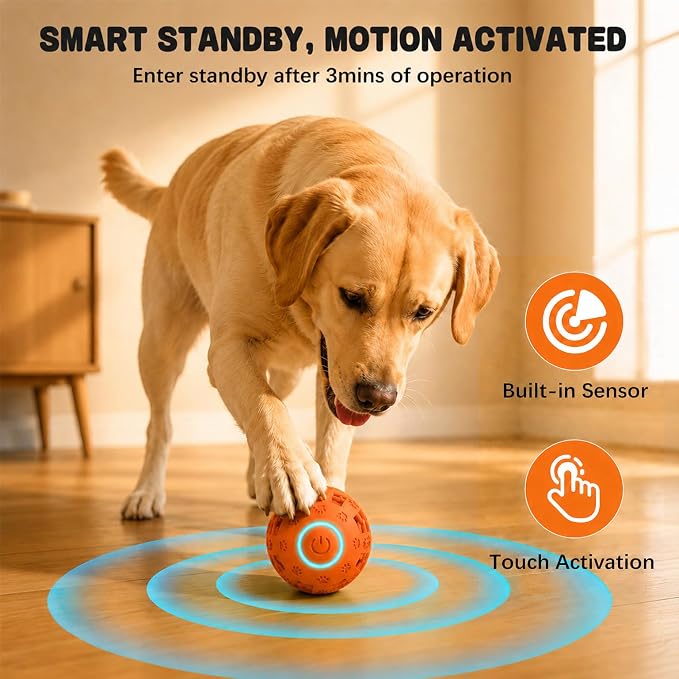 Interactive Dog Toy Ball, Durable Motion Activated Automatic Moving Ball for Small/Medium/Large Dogs, Rechargeable Dog Treat Ball with LED Lights, 2 Play Modes to Keep Your Dog Busy (Orange)