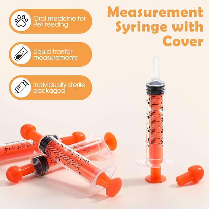 TrelaCo 100 Pack 5ml Syringes with Caps, Colored Plastic Measuring Syringe for Liquid, Pet Feeding, DIY, Party, Craft, Individually Sealed and Wrapped(Orange)