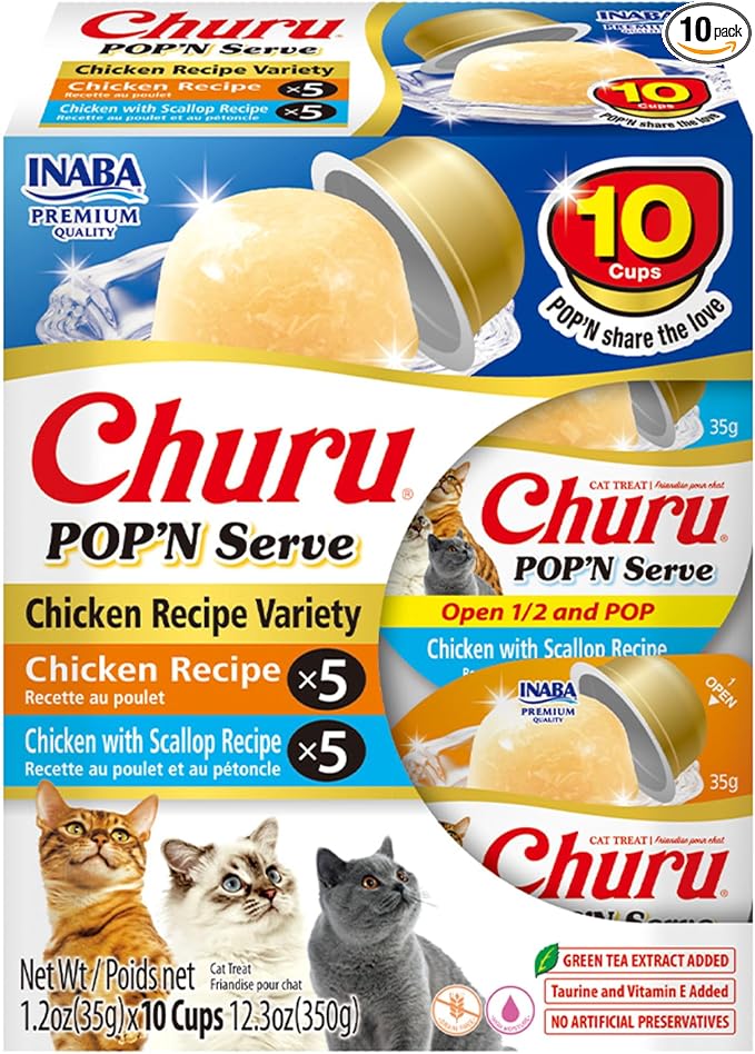 INABA Churu Pop'N Serve Jelly Cat Treat with Vitamin E & Taurine, 1.2 Ounce Cup, 10 Cups, Chicken Variety