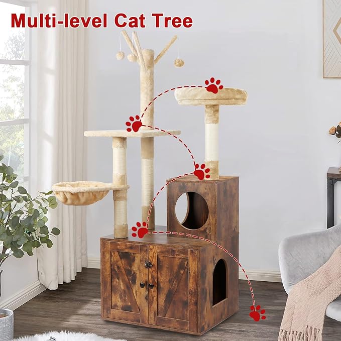Timberer Cat Tree Tower with Litter Box Enclosure, 2-in-1 Wooden Cat Condo with Sisal Scratching Post, Hammock, Brown