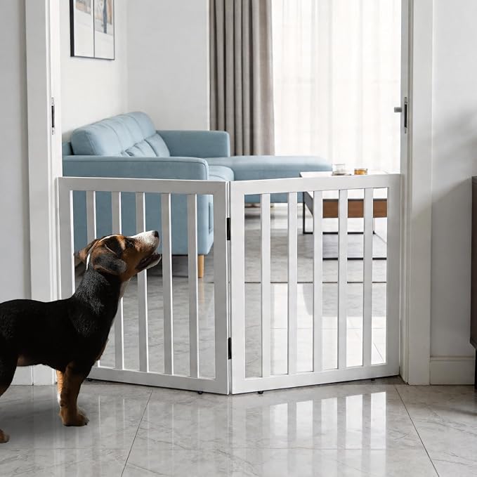 Dog Gate Indoor, Freestanding Dog Fence for The House, Doorways, Hallways,or Stairs,Pet Gate Foldable Wooden,Expandable 24" Height 2 Panels,White