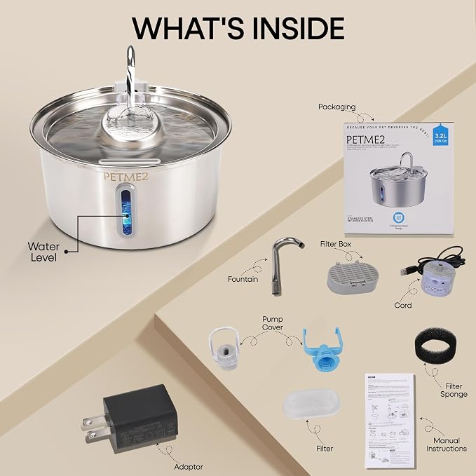Luxury Smart Pet Fountain 2026 – 3.2L/108oz Stainless Steel Automatic Cat & Dog Water Fountain, Indoor Pet Water Dispenser with LED Light, Quiet Pump, Dual Flow Modes, 4-Layer Filter, Dishwasher Safe