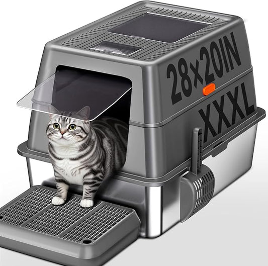 XXXL Stainless Steel Litter Box with Lid,28" L*20" W*18" H Extra Large Metal Cat Litter Boxs, Jumbo Enclosed Litter Box for Big Cats and Multi-Cat Households,Non-Sticky, Anti-Leakage, Easy to Clean