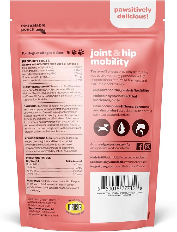 Hip and Joint Chews for Dogs | Dog Glucosamine Chews for Comfort & Mobility with Chondroitin MSM & Turmeric | Dog Joint Supplement for All Ages & Sizes | NASC Certified & Made in the USA | 60 Chews