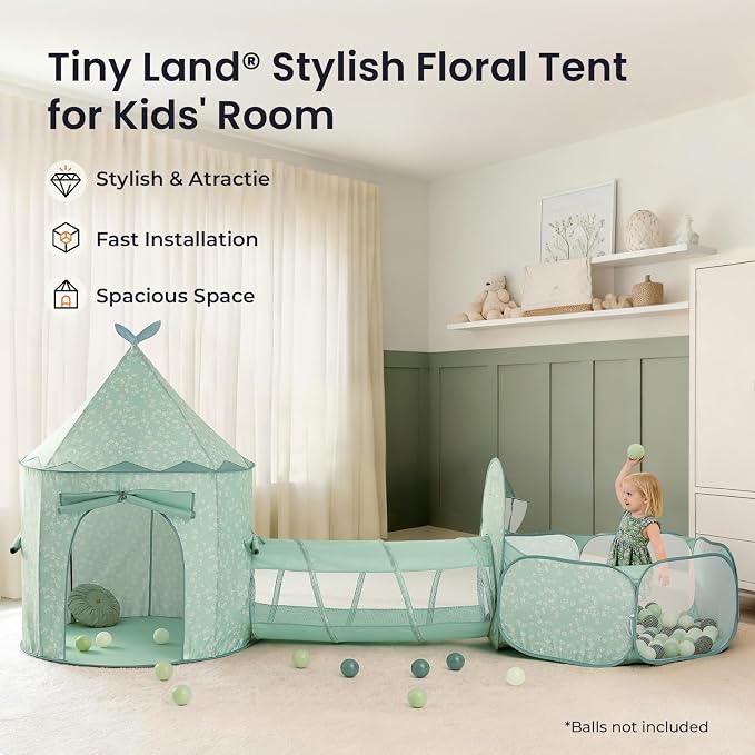 Tiny Land 3-in-1 Kids Play Tunnel with Ball Pit & Tent, Pop Up Crawl Tunnel for Toddlers, Indoor & Outdoor Baby Play Tunnel, Foldable Crawling Tunnel Toy, Gift for 2 Year Old Girl & Boy, Green