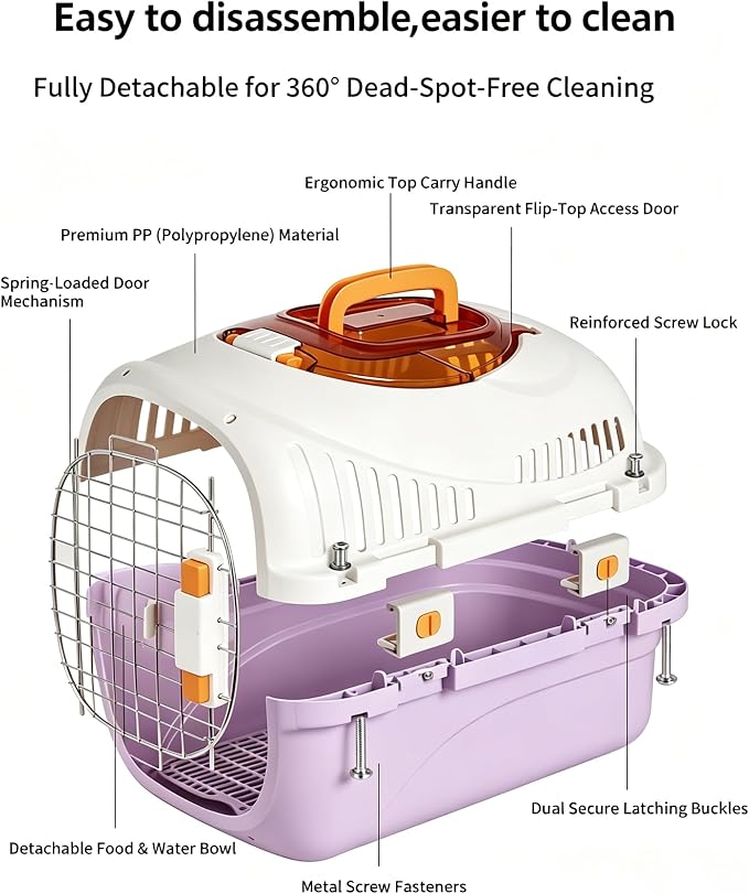 Cat Carrier Airline Approved, Portable Pet Travel Crate with Anti-Stress Design for Cats & Small Dogs, Car Safe Kennel with Top Window (Purple)