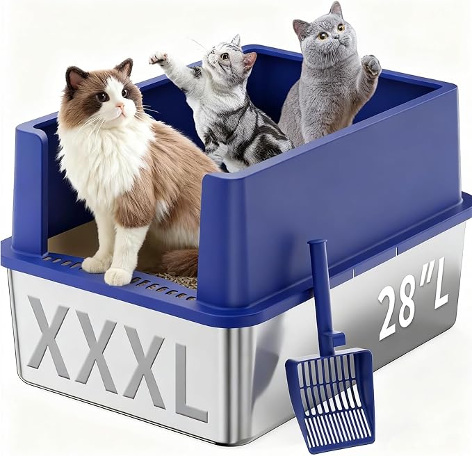 Jotesnew XXXL Stainless Steel Litter Box,28" L*20" W*12.5" H Large Capacity Metal Cat Litter Box for Big & Multiple Cats,Anti-Leakage,Non-Stick Surface for Easy Cleaning,Odor-Resistant,Blue