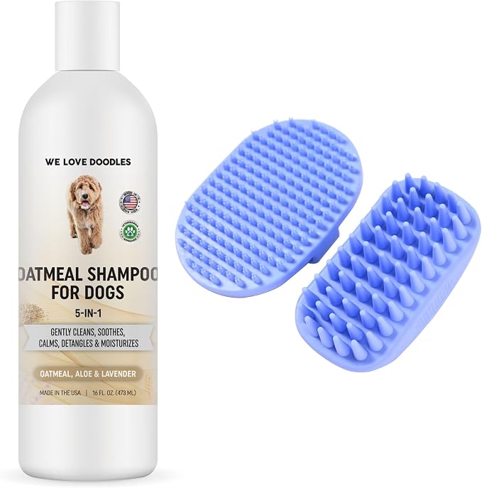 We Love Doodles 5-in-1 Premium Oatmeal Shampoo & Dog Grooming Bath Brush Bundle - Gentle for Itchy & Sensitive Skin, Provides Itch Relief, Hypoallergenic & Soothing for Dry Skin, Pet Rubber Brush