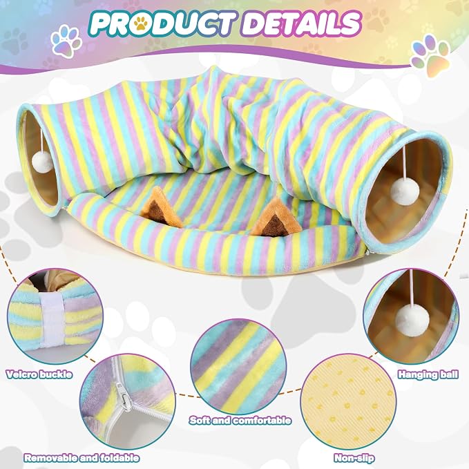 Spardar Bunny Tunnel Bed, 2-in-1 Collapsible Tunnel Tubes Toys, Washable, with Removable Mat Hideout, Interactive Toys for Rabbits Chinchilla Hedgehog Guinea Pigs Kitty, Stripe