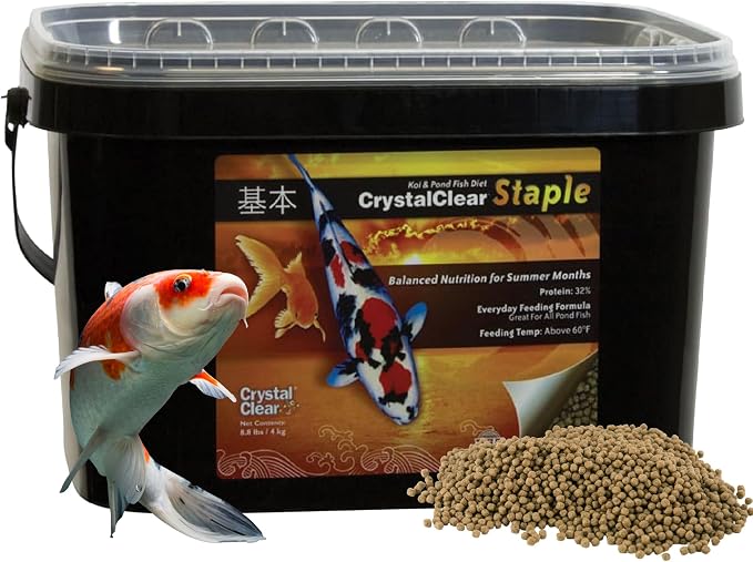CrystalClear Staple Pond Fish Food for Healthy Koi & Goldfish, Protein Packed Floating Pellets for Summer Nutrition, Easy Digestion, 8.8 Pound Bucket