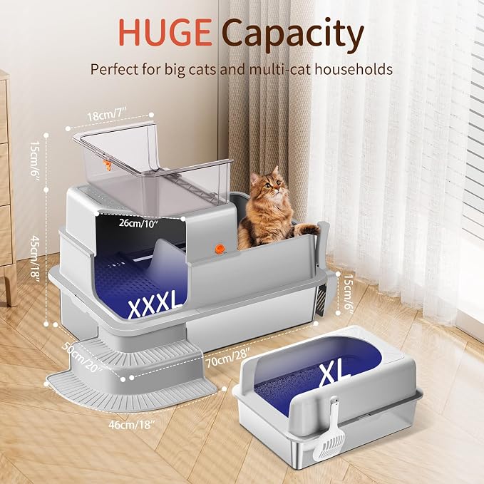 XXXL Stainless Steel Litter Box, 28"x20"x18" Extra Large Fully Enclosed High Sided Metal Cat Litter Box with Filtered Grid, Step, Scoop, Non-Sticky, Non-Odor, Easy Cleaning (Light Gray)