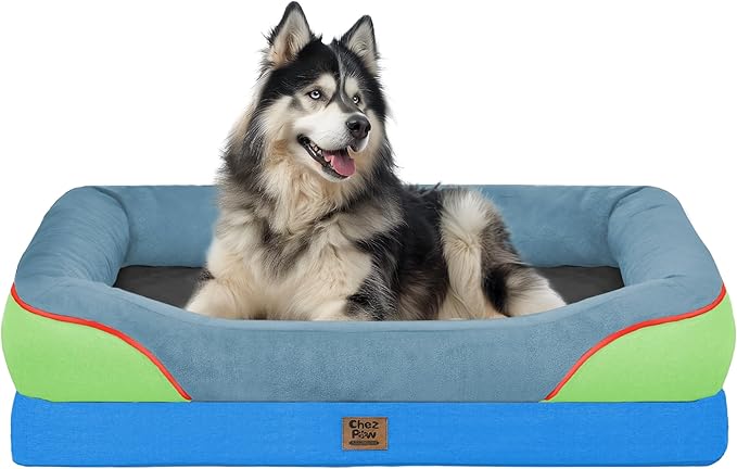 Chez Paw XXL Orthopedic Dog Bed for Extra Large Dogs, Extra Thick Egg-Crate Foam Waterproof Pet Couch with Removable Washable Cover, 4-Sided Bolster & Non-Slip Bottom, Blue Lime 45"x35"x7.5"