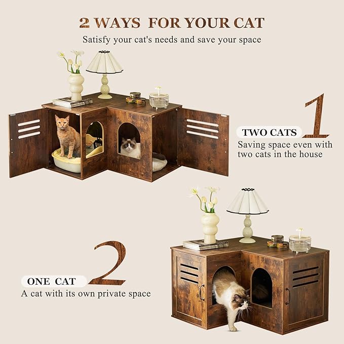 Corner Cat Litter Box Enclosure, 31.5" Hidden Litter Box Furniture for 2 Cats, Indoor Cat House End Table with Double Room, Vintage Brown