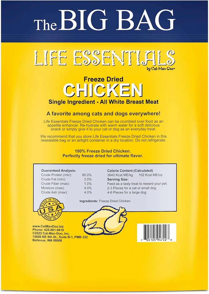 Life Essentials by Cat-Man-Doo | Chicken - 16oz. Bag | Freeze Dried Chicken Cat & Dog Treats | Healthy, Single Ingredient, Training Treats, High Protein
