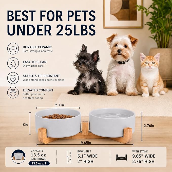 Petygooing Ceramic Dog Bowl Set with Wood Stand, Grey, 13.5OZ/5.1 in, Suitable for Cats & Small Dogs