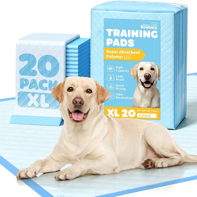 Powools Puppy Pads - XL 34'' x 28'' Dog Training Pads with Fast Absorb Core & Leak-Proof Backing, Quick-Dry Dog Pee Pads for Home, Travel & Crates, 20 Count