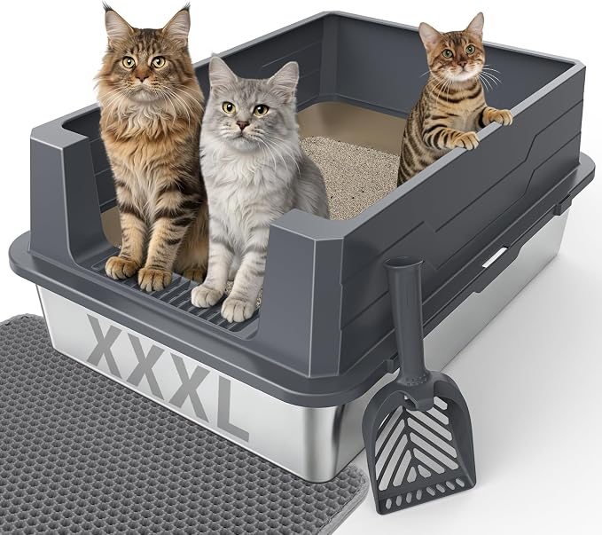 FURTIME Stainless Steel Cat Litter Box, Easy-Clean High-Sided Metal Litter Box, Open-Top Litter Pan for Large Cats, Great for Multi-Cat Homes,Includes Scoop&Mat, Non-Stick, Anti-Leakage, 28"×20"×12.2"