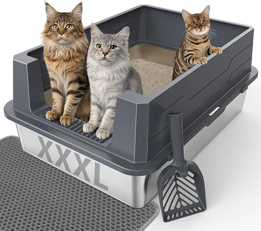 FURTIME Stainless Steel Cat Litter Box, Easy-Clean High-Sided Metal Litter Box, Open-Top Litter Pan for Large Cats, Great for Multi-Cat Homes,Includes Scoop&Mat, Non-Stick, Anti-Leakage, 28"×20"×12.2"