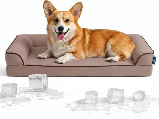 Cooling Dog Bed for Medium Dogs with Bolsters,Q-Max>0.45 Orthopedic Cool Pet Sofa Beds with Breathable Egg Crate Foam, Removable Washable Cover,Dusty Rose