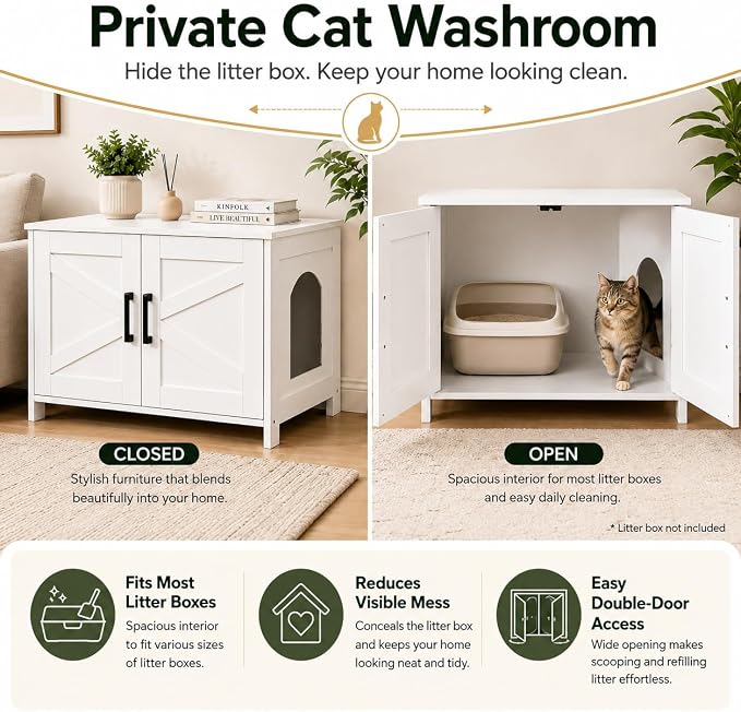 Homhedy Cat Litter Box Enclosure, Wooden Cat Washroom Furniture with Barn Door, Pet House, Fit Most of Litter Box, White