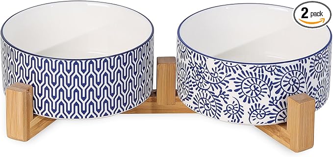 Selamica Ceramic 30 OZ Dog Bowls, Dog Food and Water Bowls with Wooden Stand, Anti-Slip Dogs Dishes Set for Cats Small & Medium Sized Dogs, Weighted Pet Bowls Set of 2, Vintage Blue B