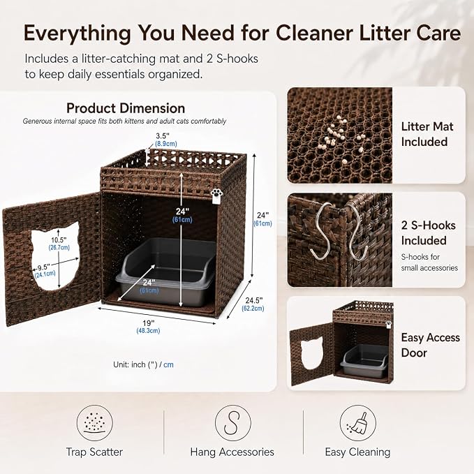 Handwoven Rattan Cat Litter Box Enclosure for Large Litter Boxes, Includes 1 Litter Mat & 2 S-Hook Attachments, Furniture-Grade Hidden House for Living Room, Bedroom, 24.6"x24"x19.88" Brown