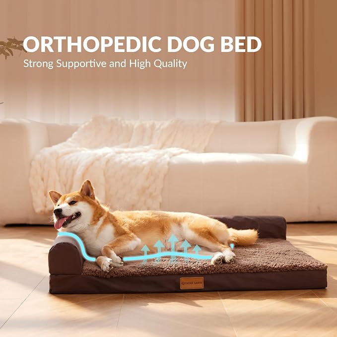 Patas Lague Orthopedic Dog Bed Medium Size Dog 30''X20'', Waterproof L Bolster Medium Pet Sofa Beds with Removable Washable Cover, Soft Pet Couch Crate Mat with Nonskid Bottom, Brown
