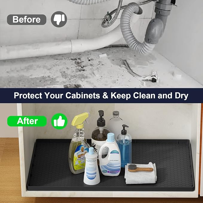Under Sink Mat - 28" x 22" Waterproof Kitchen Cabinet Tray - Flexible Silicone Under Sink Liner - Kitchen Bathroom Cabinet Mat and Protector for Drips Leaks Spills (Black)