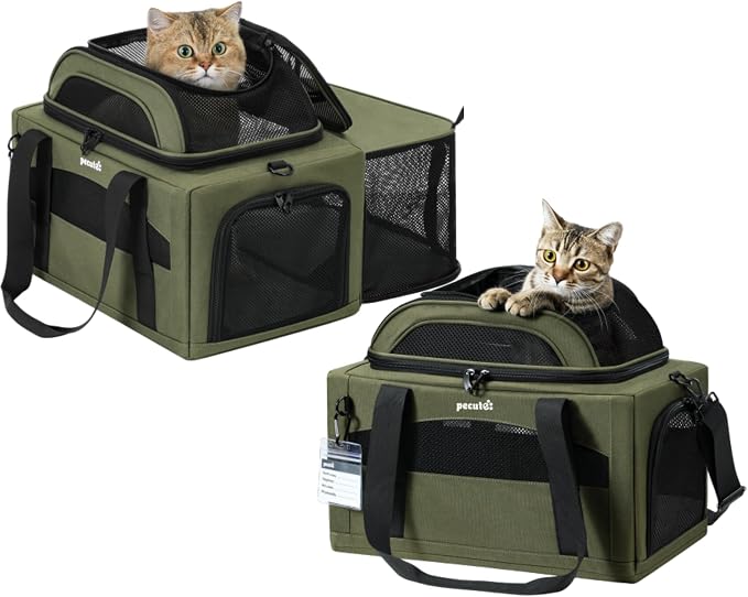 Pecute Expandable Pet Carrier Airline Approved Dog Cat Carrier, Breathable Soft-Sided with Locking Zippers, Pet Travel Bag for Small Dog Cat Anti-Scratch Mesh Leakproof Pee Pad