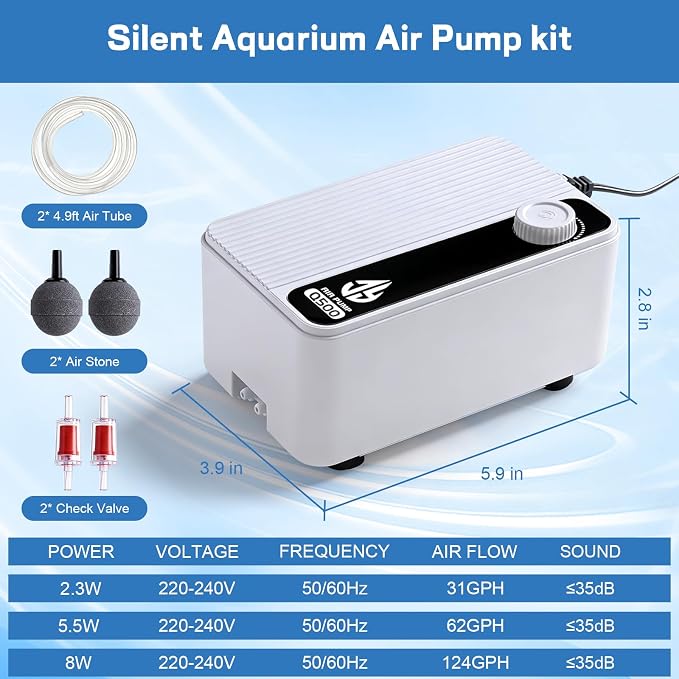 Aquarium Air Pump, Quiet Powerful Fish Tank Air Pump, Adjustable Fish Tank Bubbler with Air Stone, 2.3W/5.5W/8W Bubbler for Aquarium Fish Tank for Small Medium Large Fish Tank Up to 200 Gallon